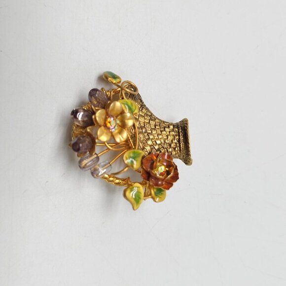 Vintage Floral Basket Brooch With Rhinestone Accents Enamel Details - Picture 3 of 5